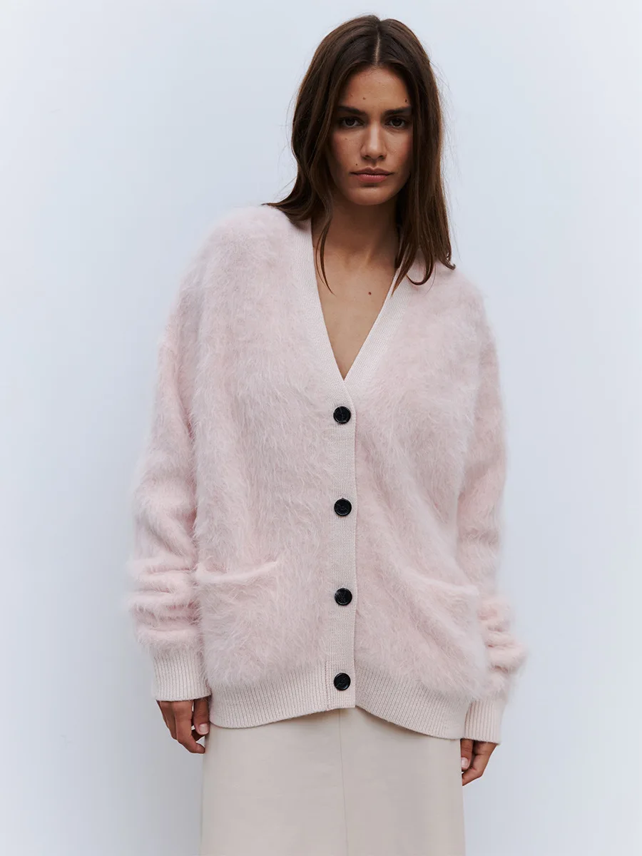 Bornladies Women's New Faux Mink Fur Cardigan Loose Fit Oversized Trendy Soft Knit Button Up Autumn Winter Fashion Sweaters