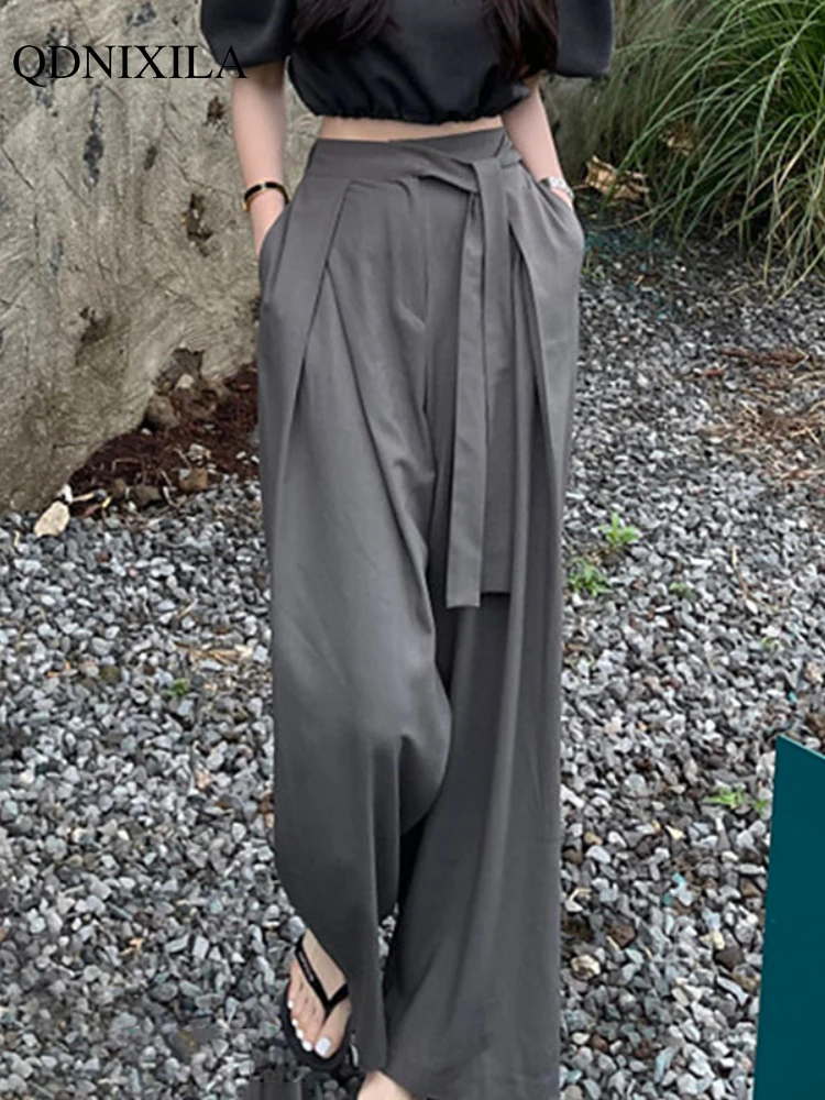 

2023 Summer Autumn Korean Design Loose Fashion Chic Women's Pants Elegant High Waist Bandage Wide Leg Woman Trousers with Laces