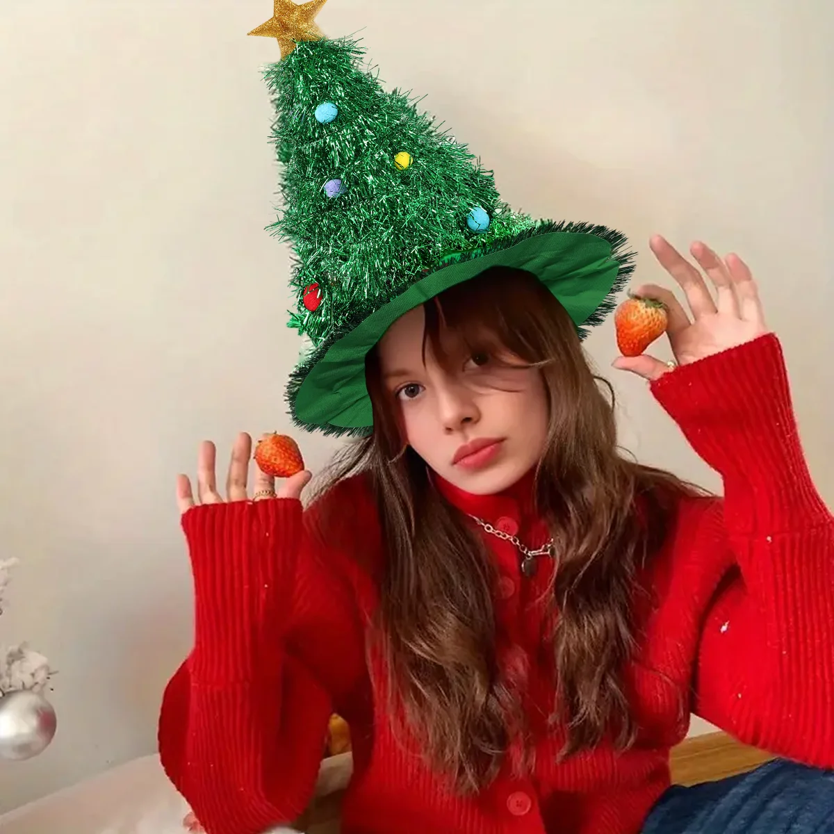 Christmas Tree Hats Fabric Rain Silk Hat for Adults Kids Funny Santa Hat with Tinsel Xmas Holiday Party Costume New Year Decor