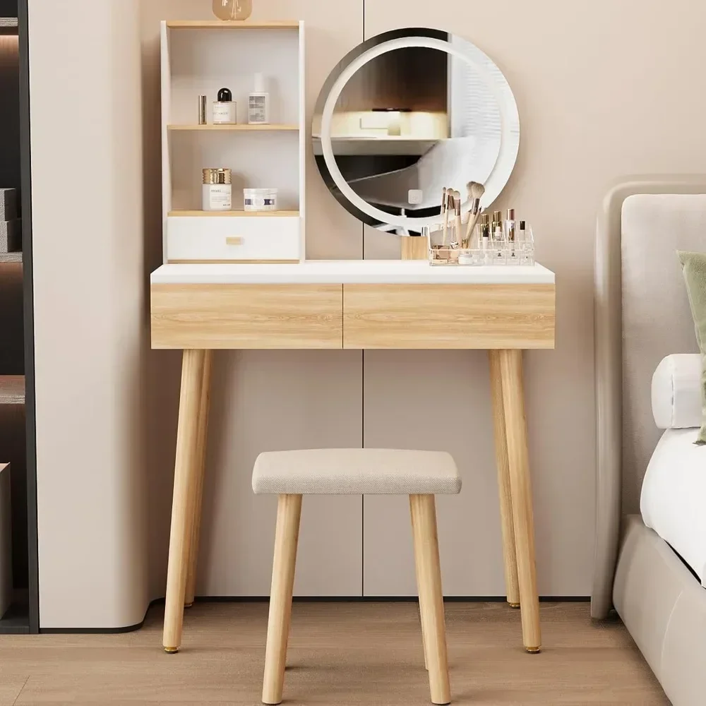 Makeup Vanity Table Set with 3 Modes Adjustable Lighted Mirror Cushioned Stool, Small Space