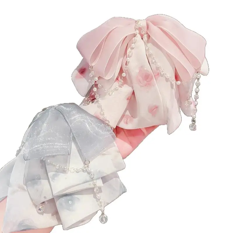 Elegante rosa Chiffon Schmetterling Knoten Schwanz Clip Blumen Anhänger High-End-Gefühl fließende Quaste Haarspange für Frauen Mädchen Kinder – Detail 5