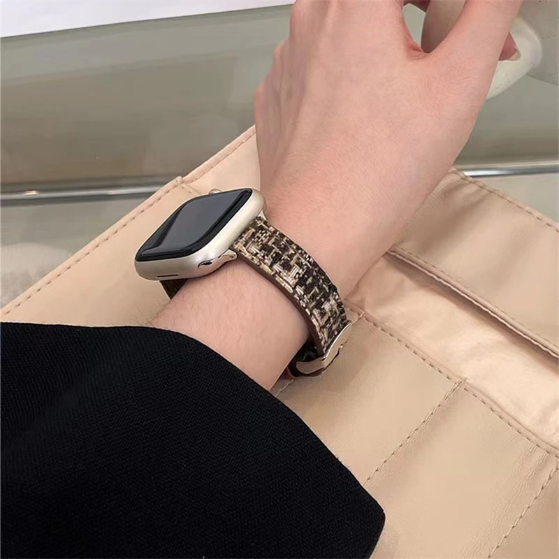 

Leather Strap Autumn Winter Plaid Wool Thin Band For Apple Watch Band 41mm 38mm 40mm Wrist Slim For iwatch Series 8 7 6 5 4 3 SE