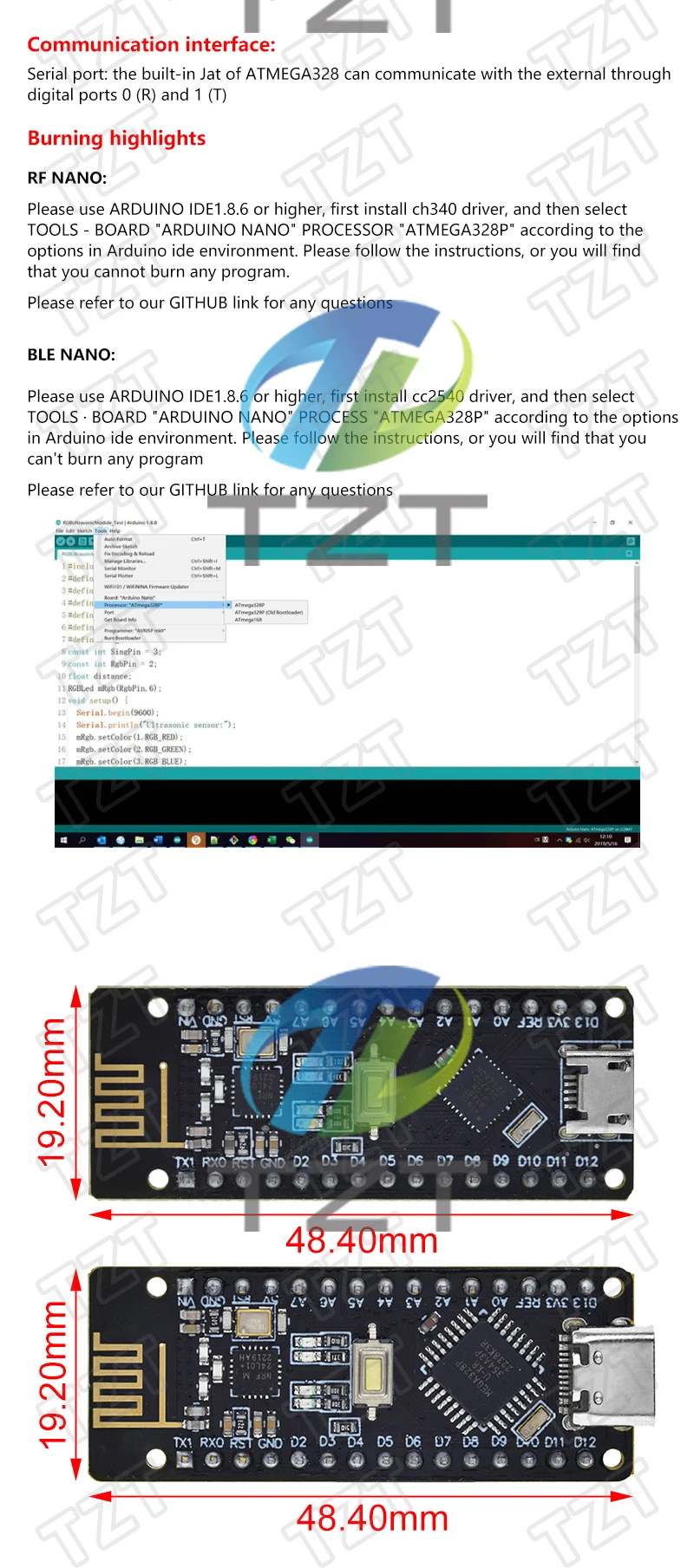 TZT 1/3PCS RF-Nano für Arduino Nano V3.0, Micro USB Nano Board ATmega328P QFN32 5V 16M CH340, integriert NRF24l01+2.4G Wireless – Detail 4