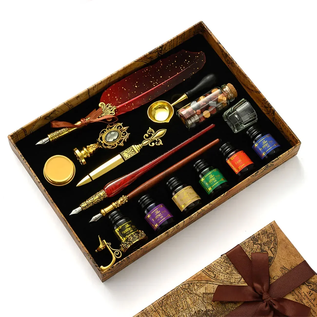 Set Calligrafia Vintage - Penna A Immersione Con Inchiostri E Sigillo