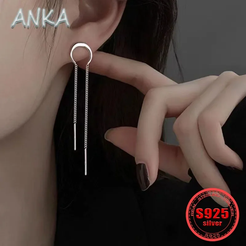 ANKA NEW S925 sterling silver curved crescent tassel earrings simple fashion long women's stud earrings show thin face