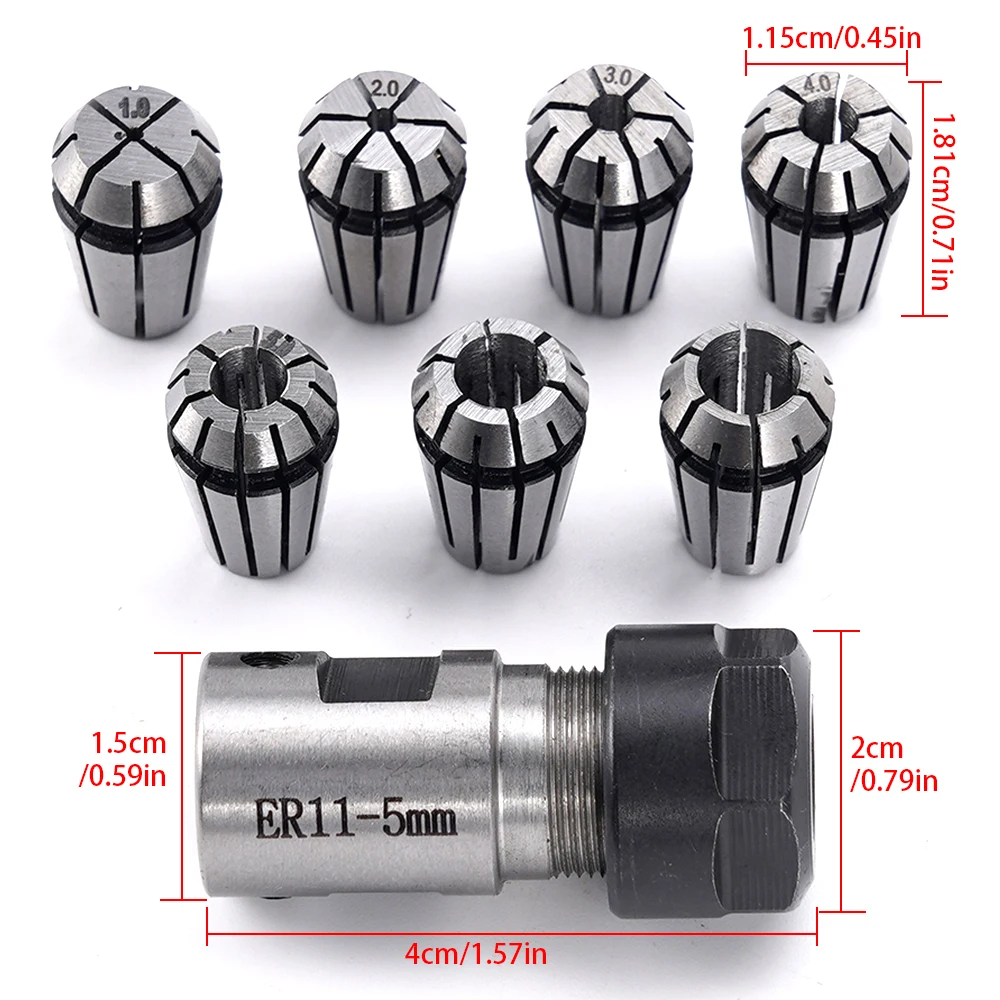 ER11A 5mm Motor Unner Diameter Extension Rod +7x 1mm-7mm ER11 Milling Spring Chuck Shaft Holder for CNC Lathe Engraving 8Pcs/Set