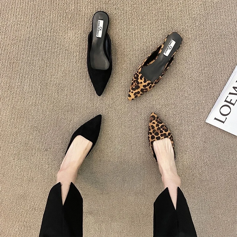 Women Slippers Pointed Toe Leopard Design Shallow Slip on Thin Low Heels Black Flock Design Casual Mules Loafers Black Outdoor