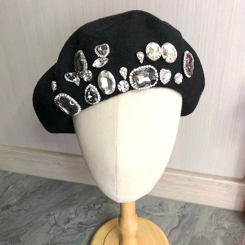 Hot Sale Beret Lady Thick Rhinestone Brimless Thermal Decor Wool Artist French Style Painter Hat Women Headwear_vogarts.com