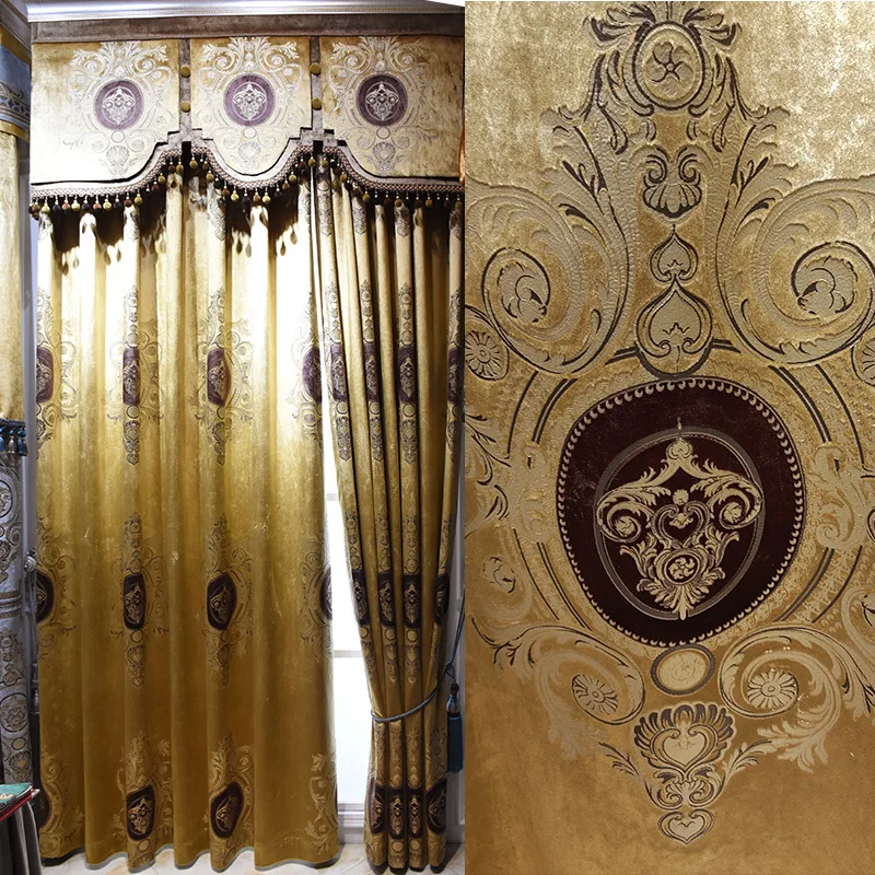 

Занавески на заказ, европейские роскошные золотистые и желтые высокие бархатные занавески для гостиной, затемняющие занавески, тюлевые драпировки, C1084