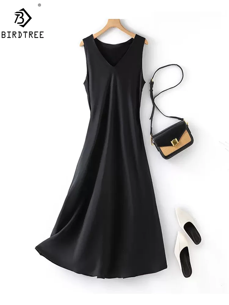 

BirdTree, 100%Real Silk Elegant Dresses, Women Sleeveless V Neck Solid, Party Vacation OL Black Dress, 2024 Summer New D455142QM