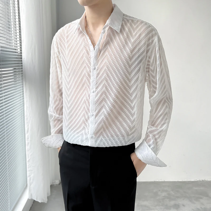 

Loose White See Throught Mens Clothing 2022 Fashion Sexy Elegant Black Dress Shirts Party Gentleman Blouse Social Club Outfits
