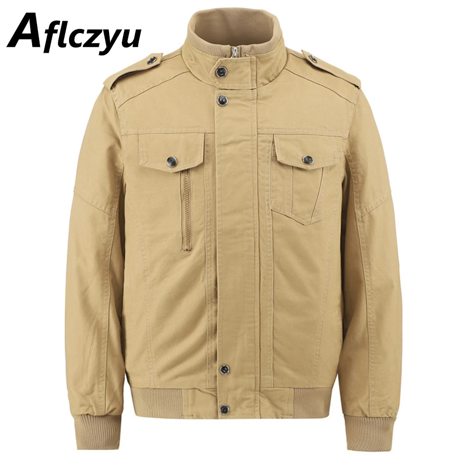 Cargo Jacket Men Fashion Casual Stand Collar Jacket Khaki Coat Spring Autumn Pilot Jackets Male Outerwear khaki cotton men s tops with pant nigerian fashion short sleeves groom sets male african party suit