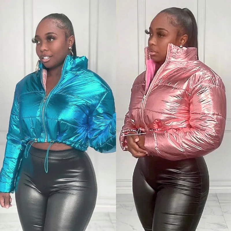 Final Sale Plus Size Shiny Crop Puffer Jacket in Silver Iridescent Lo –  Chic And Curvy