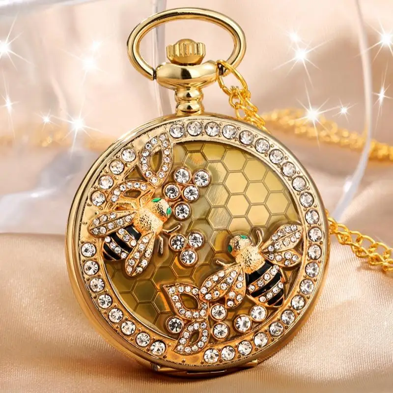 Кристалл Алмаз пчела цветы кварцевые карманные часы Очаровательное ожерелье ювелирные изделия роскошный золотой кулон цепь алмаз-инкрустированные FOB часы