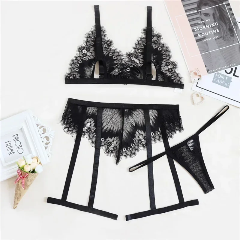 Sexy and Female Underwear Lingeries for Women Hot Women's Black Lace Thin Split Underwear Panty Garter 3-piece Set