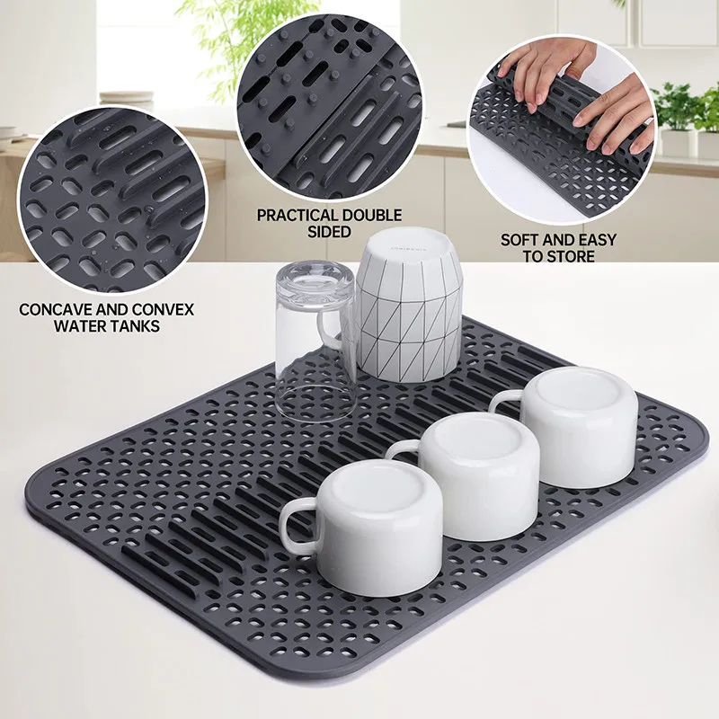 

Silicone Sink Mat 43*32cm Table Sink Protector Pad Thickness Safe Heat Resistant Non-slip Quick Drying Kitchen Drainer Mat