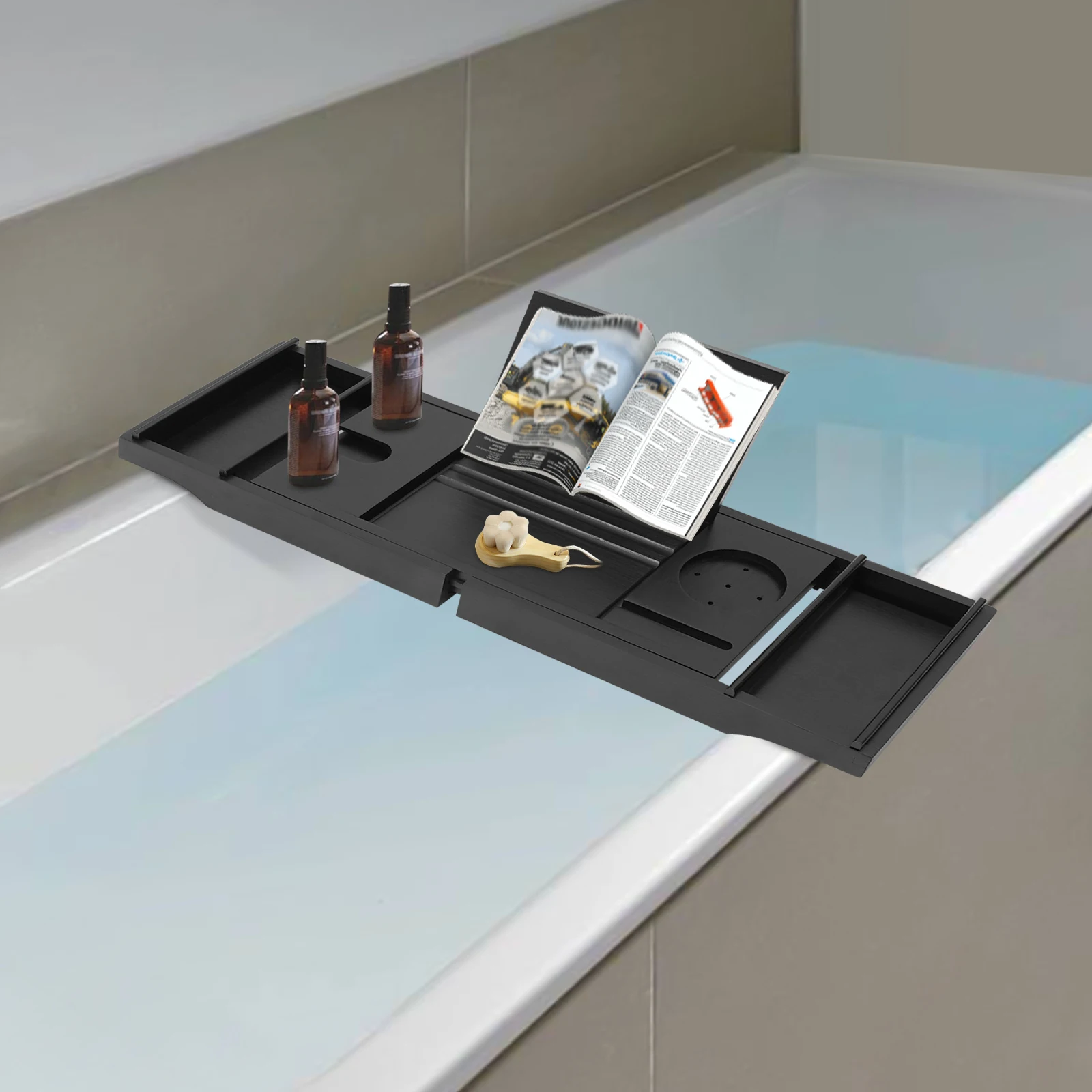 Erweiterbares Badewannenregal, Caddy-Tablett – Badewannen-Aufbewahrungsregal für Kerzen, Handtuch, Bade- und Serviertischtablett – Detail 7