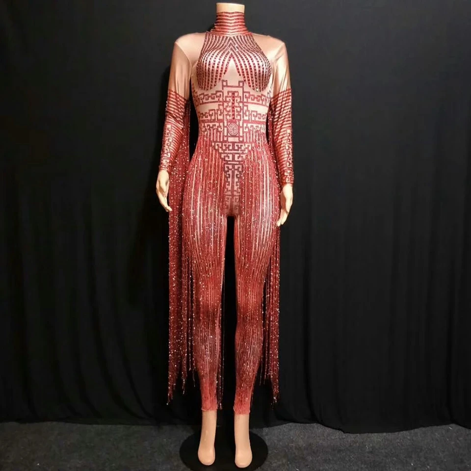 Shining Rhinestone Red Fringe Jumpsuits Women Long Sleeve Stretch