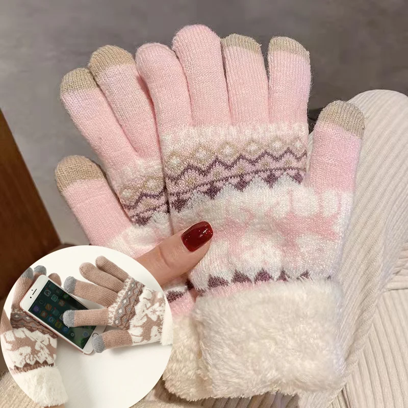 

Winter Thick Cashmere Gloves Christmas Deer Knit Warm Mittens Full Finger Skiing Gloves Touch Screen Two Layer Plush Xmas Gloves