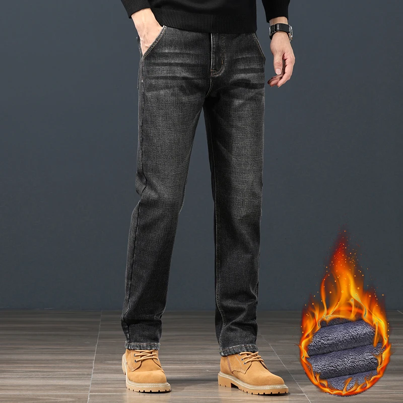 2024 Winter Warm Jeans Men's Fleece Thickened Slim Straight Trousers Fashion Stretch Cotton Casual Denim Pants Brand Clothes 5