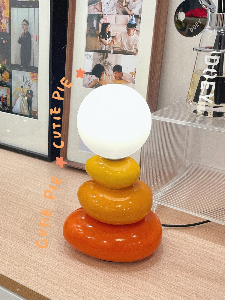 

Cream mini stacked stone atmosphere small table lamp ins cute bedside tabletop decoration gift USB interface for girls