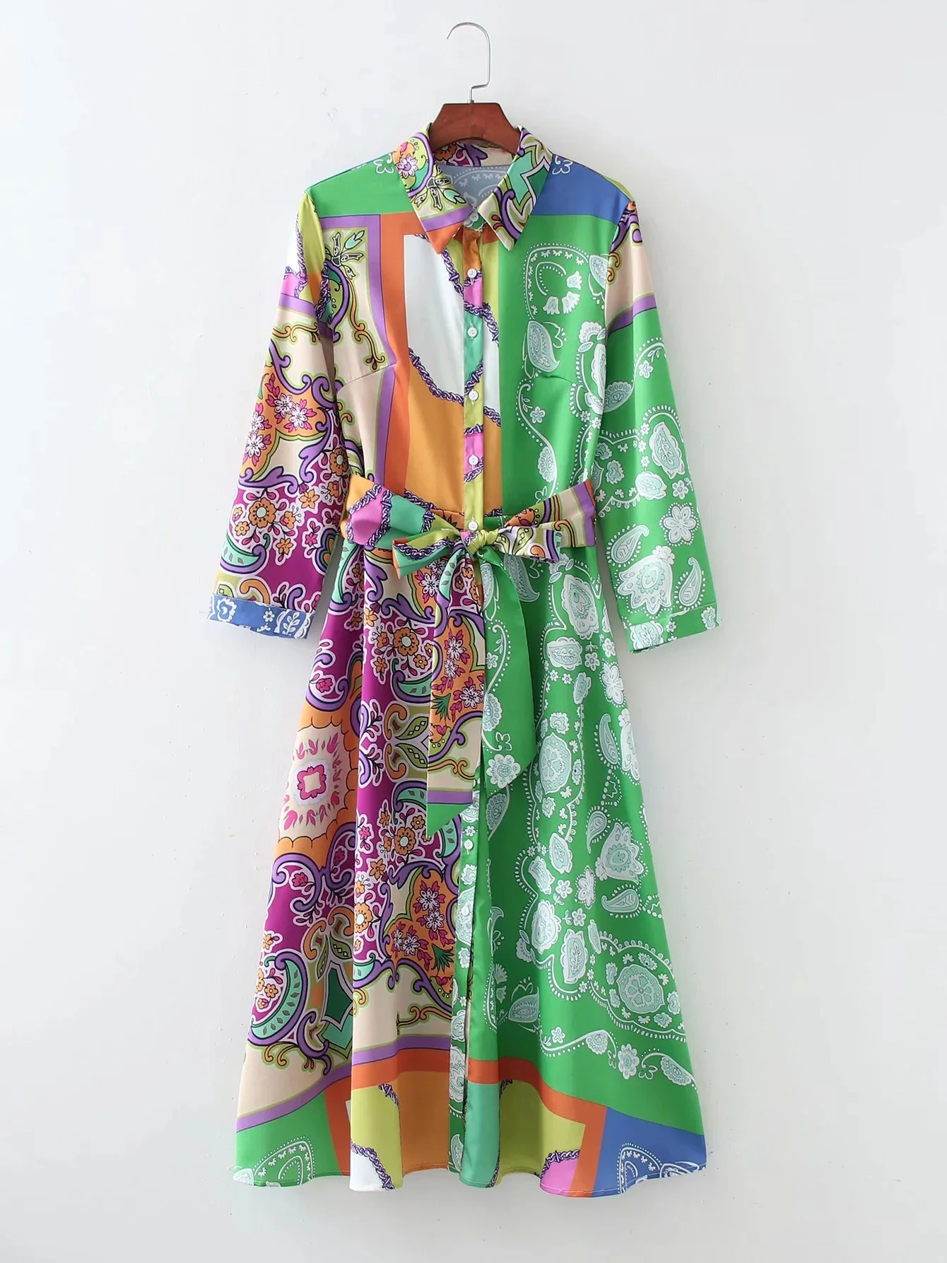 

TRAF Women Fashion Cloth Patchwork Irregular Print Sashes Midi Shirt Dress Ladies Single Breasted A Line Kimono Vestido