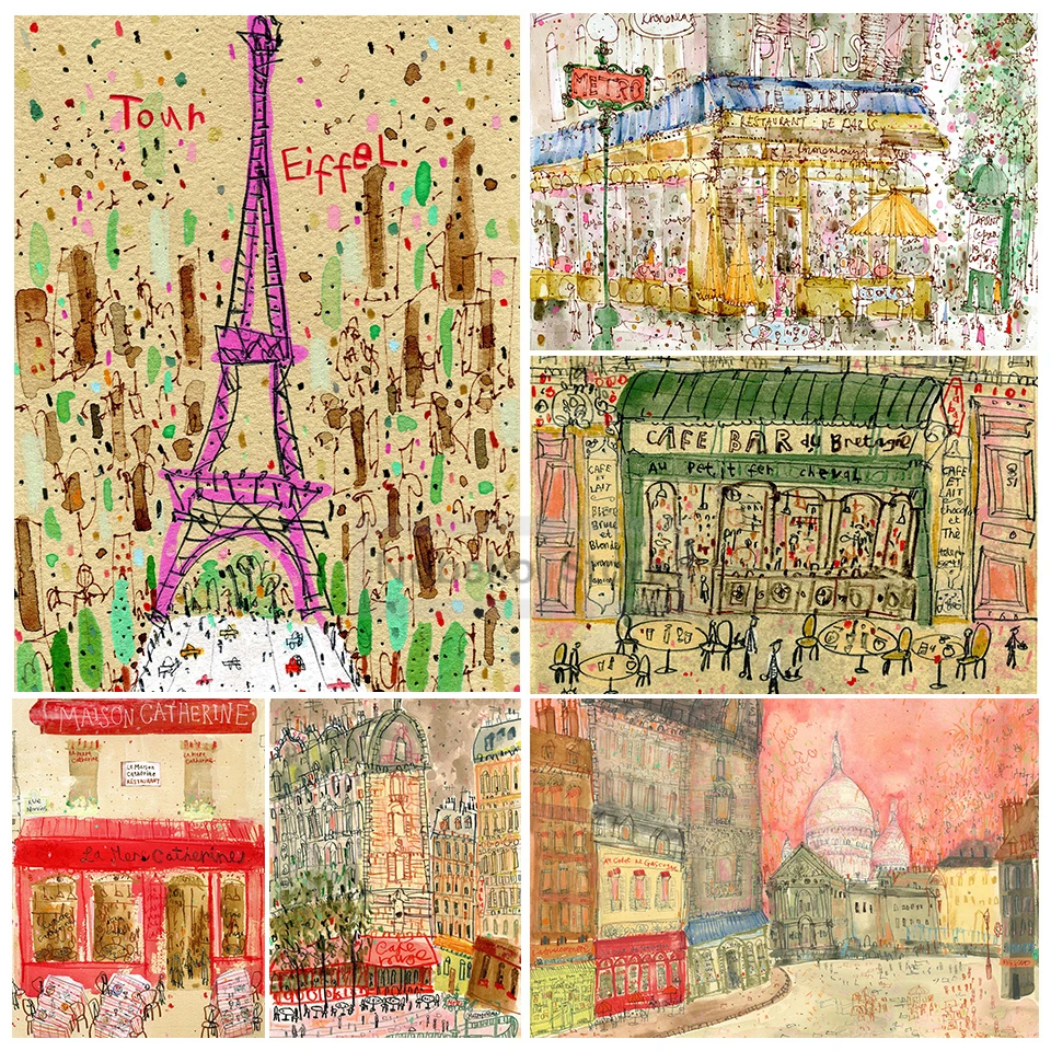 Watercolour Paris City Sketch Poster French Architecture Prints Canvas Painting Travel Wall Art Pictures Home Room D