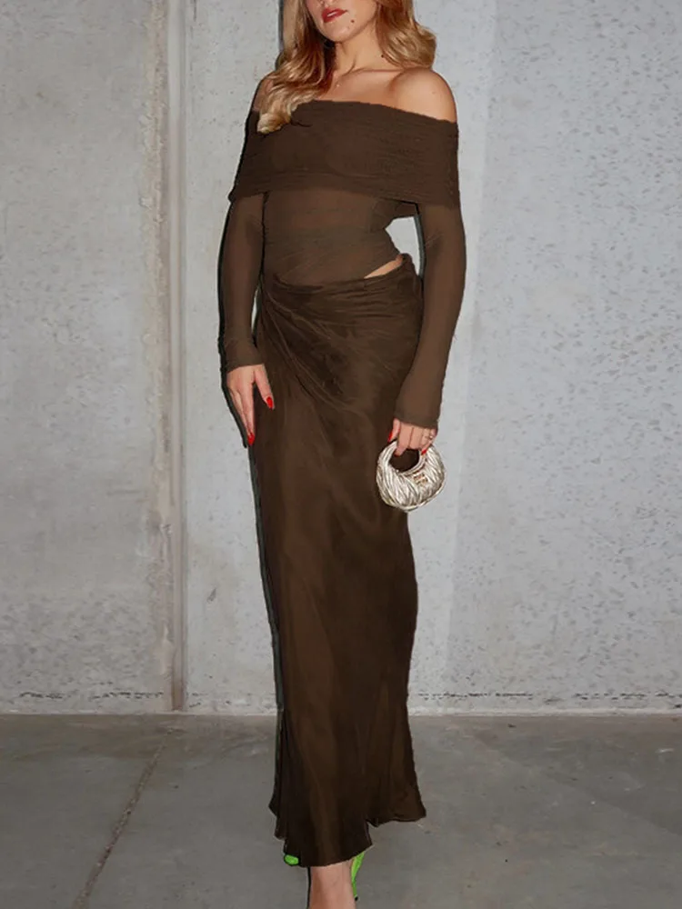 See-through Mesh Patchwork Long Dress Women's Sexy One Shoulder Party Dress Solid Color Hollow Long Sleeve Long Dress