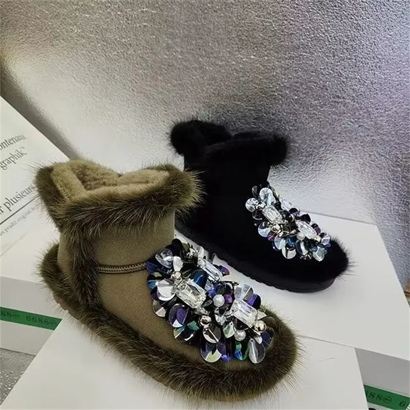 

Colorful rhinestones casual thick bottom waterproof table hand custom plus fleece warm boots large size women 35-40