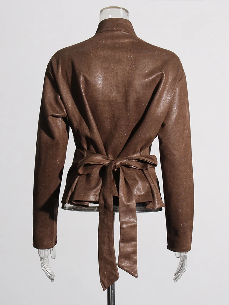 TWOTWINSTYLE Solid Patchwork Lace Up Leather Coat Stand Collar Long Sleeve Spliced Single Breasted Vintage Coats Female Style