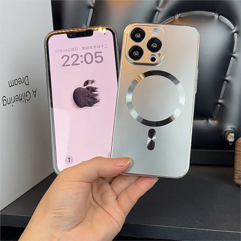 Luxury Matte Titanium Color Plating Magnetic Case with Magsafe Wireless Charging Compatibility