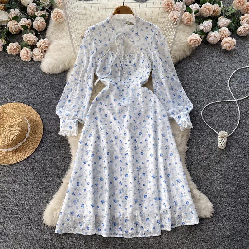 

Autumn New Design Sense Bead Hollow Long-sleeved Thin Chiffon Floral Pendulum Fairy Dress