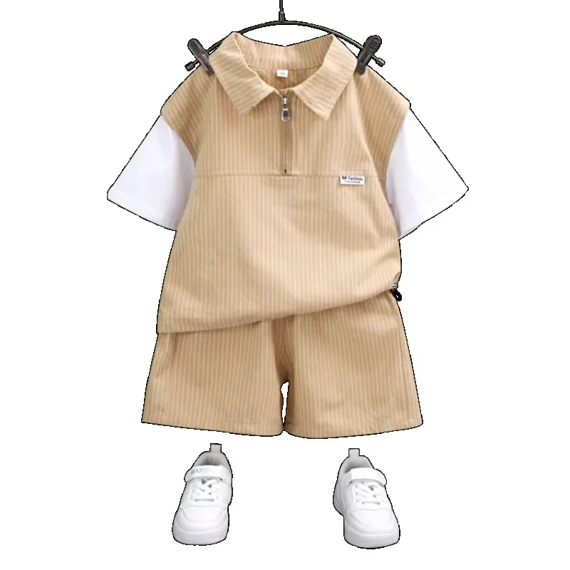 Children's Thin Striped Patchwork Boy Summer Suit New Sports and Leisure Thin and Handsome Summer Style for Big Boys