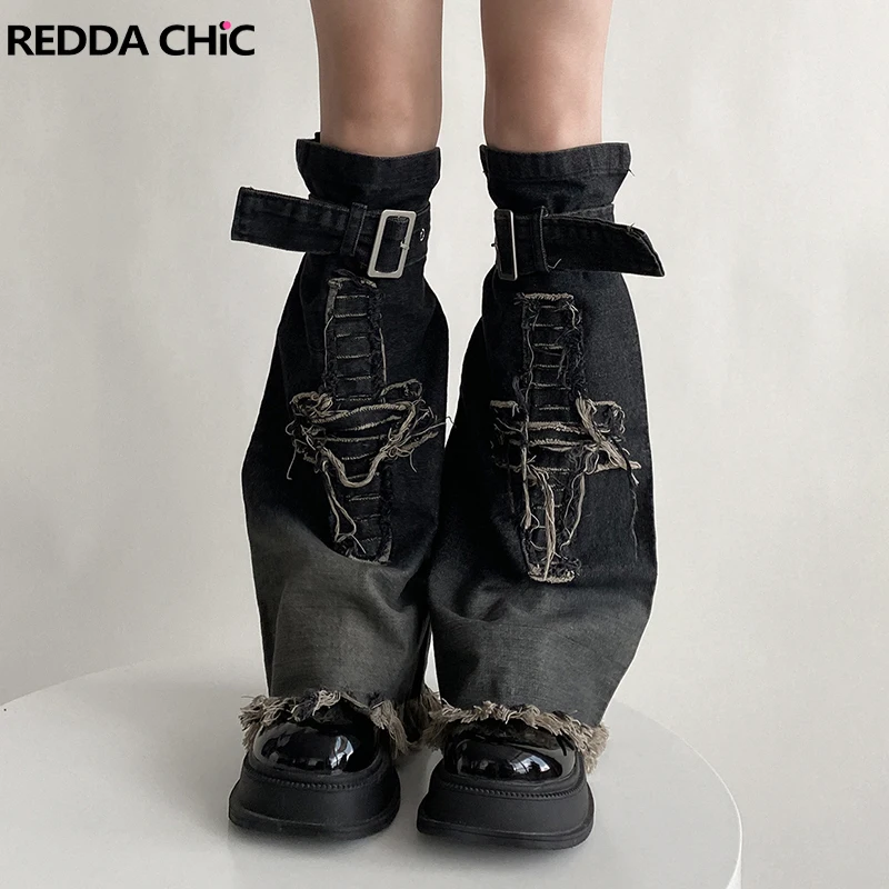

REDDACHiC Grayu Y2k Cross Stitch Women Leg Warmers Denim Tie Dye Self-belt Destroyed Frayed Knee Long Socks Vintage Boots Cover