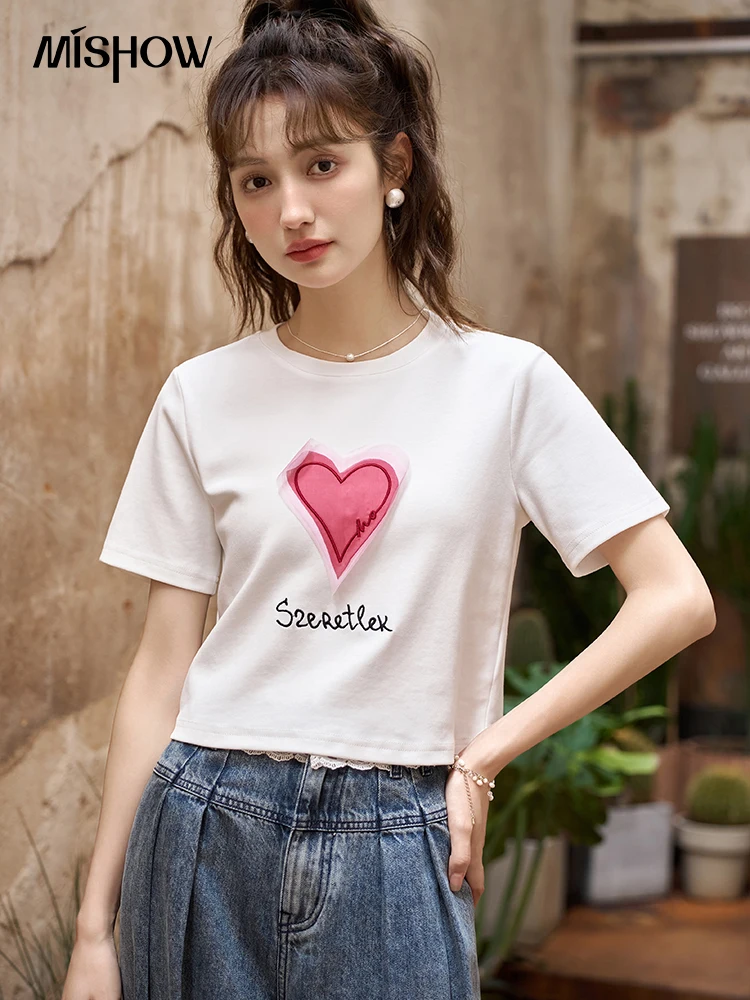 

MISHOW Love T-shirt for Women 2023 Summer Korean Loose Top Embroidery Letter O-Neck Cotton Female Clothes Casual Tees MXC35T0031