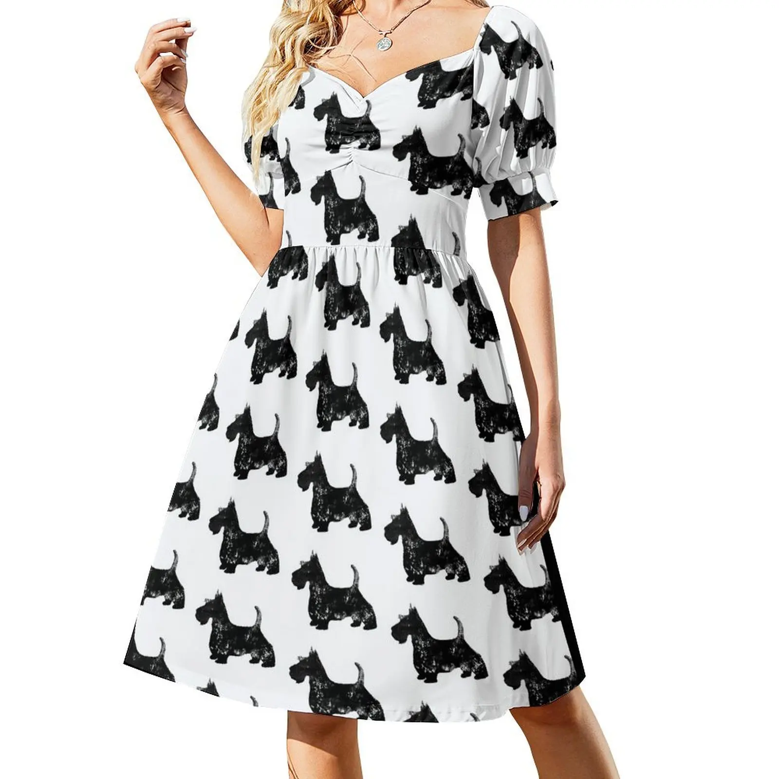 thumbnail image 1 of Vestido de manga corta Scottish Terrier, vestido largo de verano para mujer, vestido vintage morado, 1 of 8