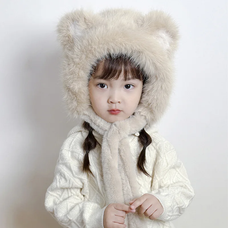 

Bear Ears Plush Baby Hat Autumn Winter Toddler Thicken Warm One Piece Hats For Girls Boys Outdoor Protection Ear Cap Kids Caps