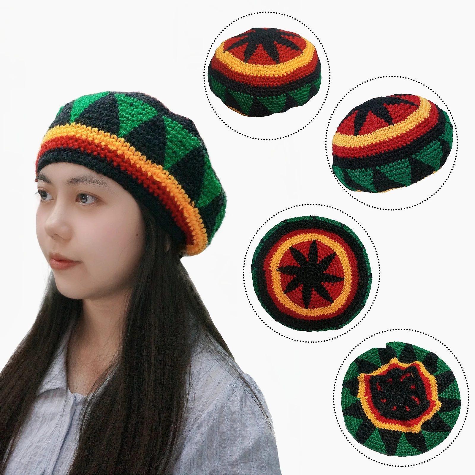 Wool Crochet Autumn Winter Warm Loose Casual Sunshade Jamaican Rasta Beanie Hat for Men Women Colorful 5