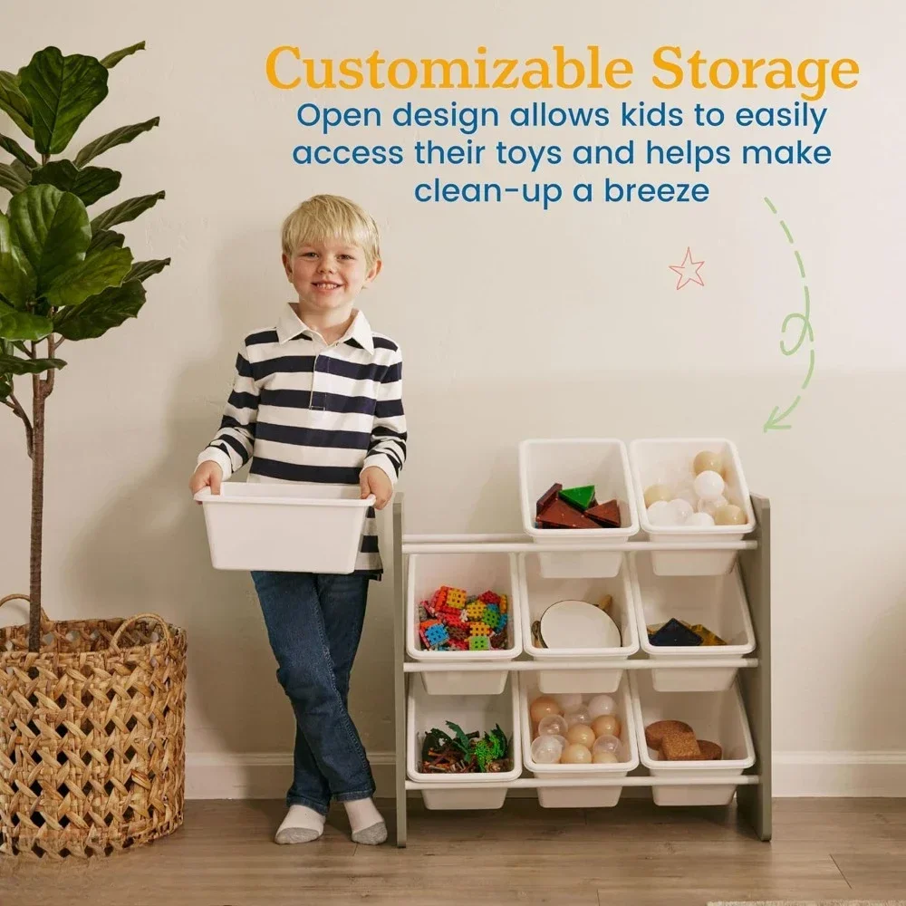 3-Tier Organizer with 9 Bins, Toy Storage, Grey/White 5