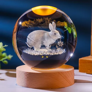 The Chinese Zodiac 3D Crystal Ball Laser Engraved Pig Rabbit Craft Luminous Night Light Glass Sphere Home Decoration Gift