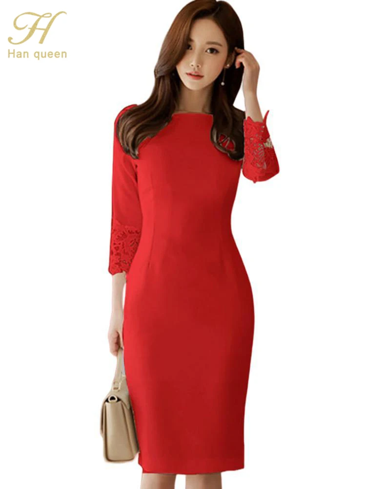 

H Han Queen Solid Lace Patchwork Elegant Autumn Pencil Women Sexy Fitted Sheath Bodycon Dress OL Wrist Work Wear Vestidos