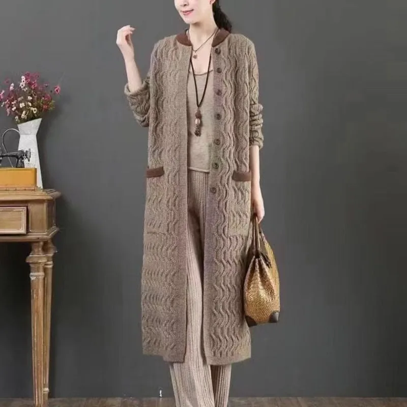 

Women's Autumn Winter Fashion Standing Collar Pocket Button Splicing Versatile Long Sleeved Slim Fit Sweater Knitted Cardigan