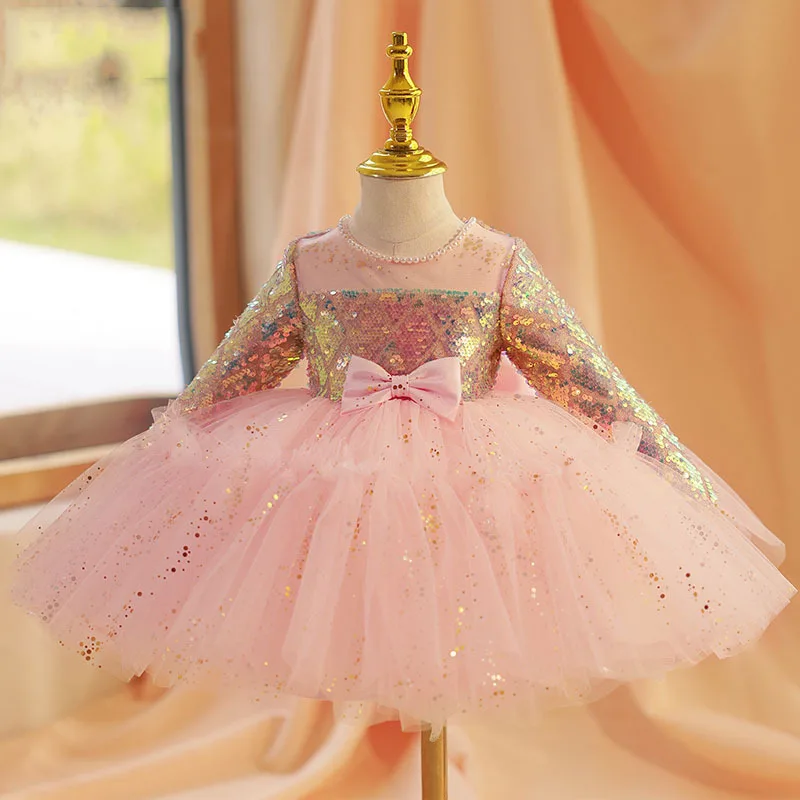 

Summer 1 Year Baby Birthday Dress Children Christening Clothing Baptism Toddler Party Kids Costume Gold sequined princess dress