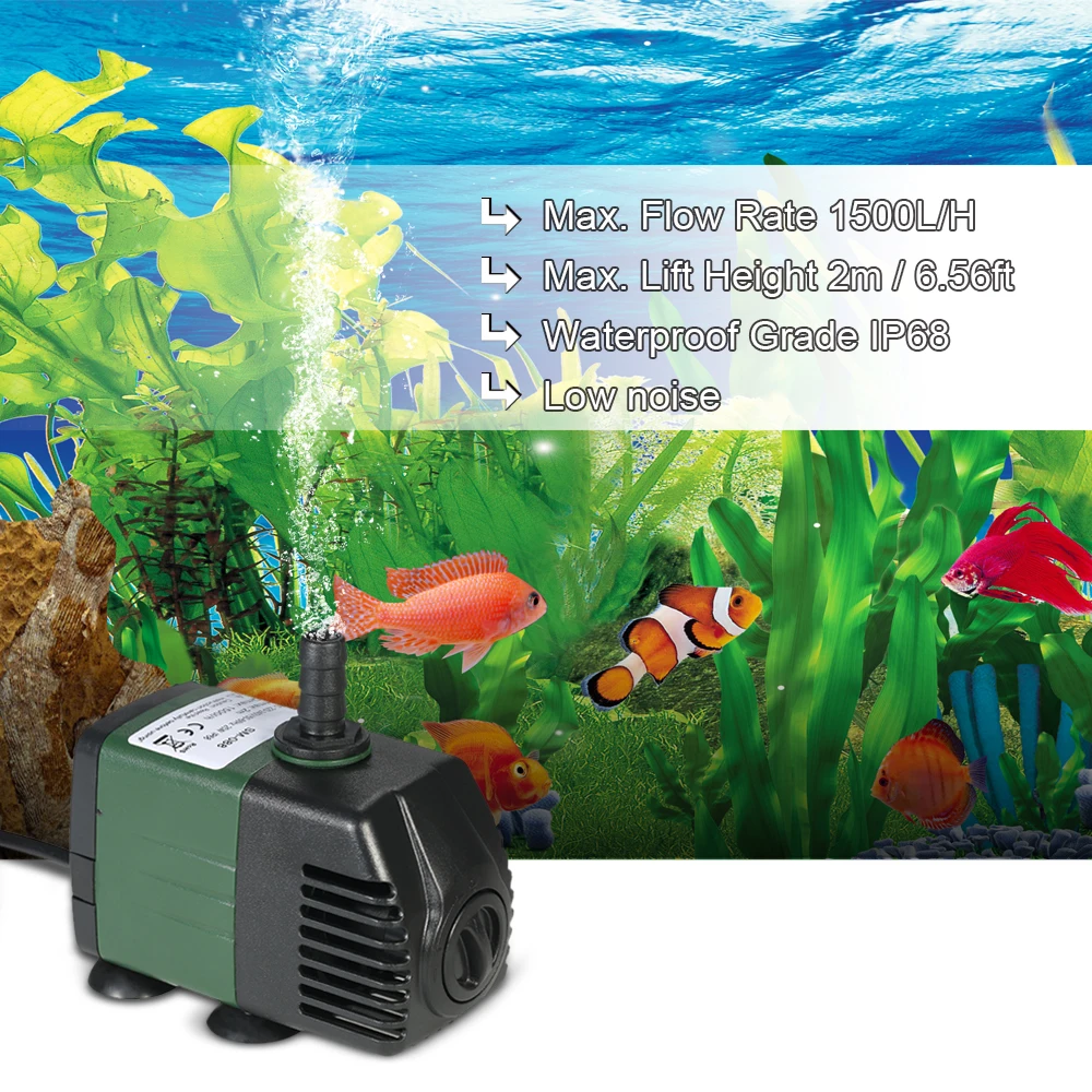 Submersible Water Pump 1500L/H 25W Submersible Water Pump for Aquarium Tabletop Fountains Pond Water Gardens and Hydroponic Systems with 2 Nozzles