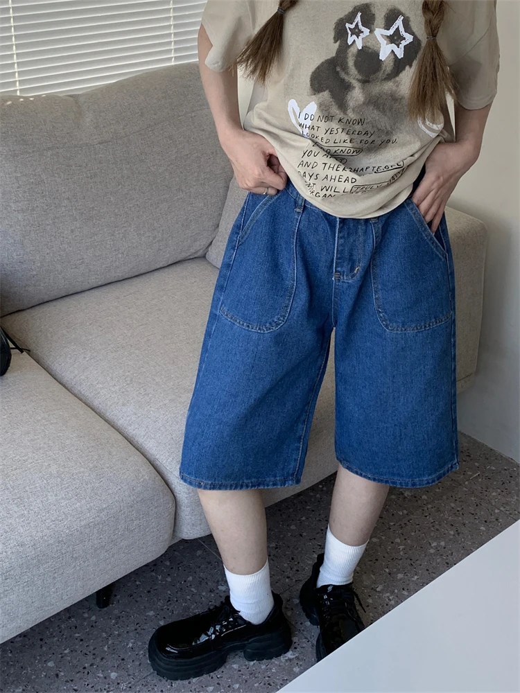 女性用ワイドレッグデニムショーツ,ラージ,ワイド,ポケット付き
