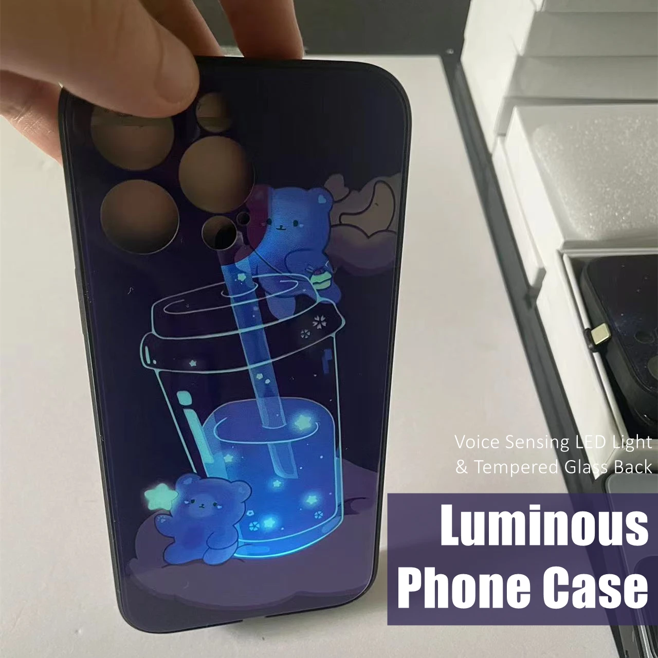 

Cute Bear Cup Colorful LED Light Glow Luminous Tempered Glass Phone Case for Samsung S24 S22 S23 Note10 20 A54 A73 Plus Ultra