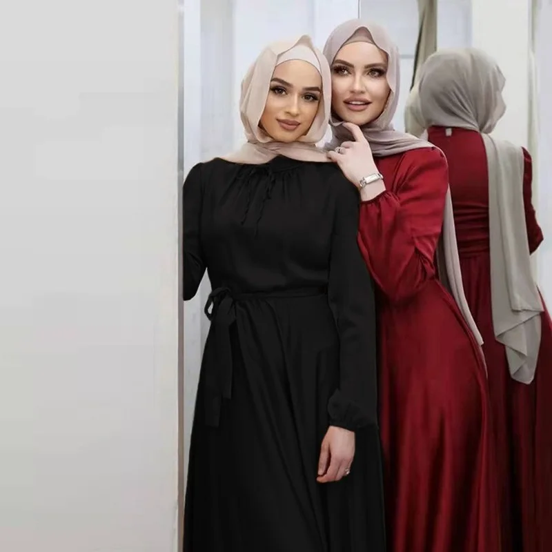 Islam Ramadan Abaya Europe and America Soft Waist Elegant Satin Robe Femme Large Swing Women's Dress Without Headscaf