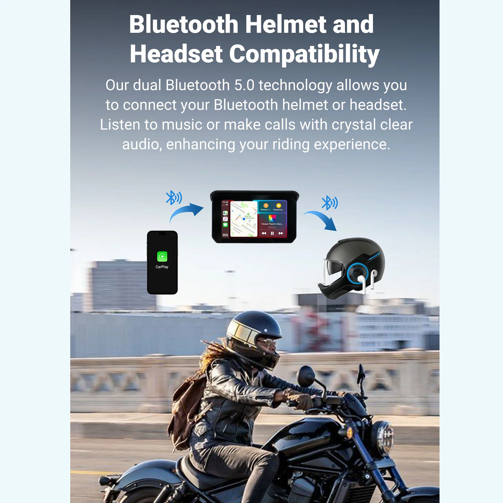 5 inch Motorcycle Navigator Touch Screen IP65 Waterproof Motorcycle CarPlay Wireless Apple CarPlay Android Auto Dual Bluetooth