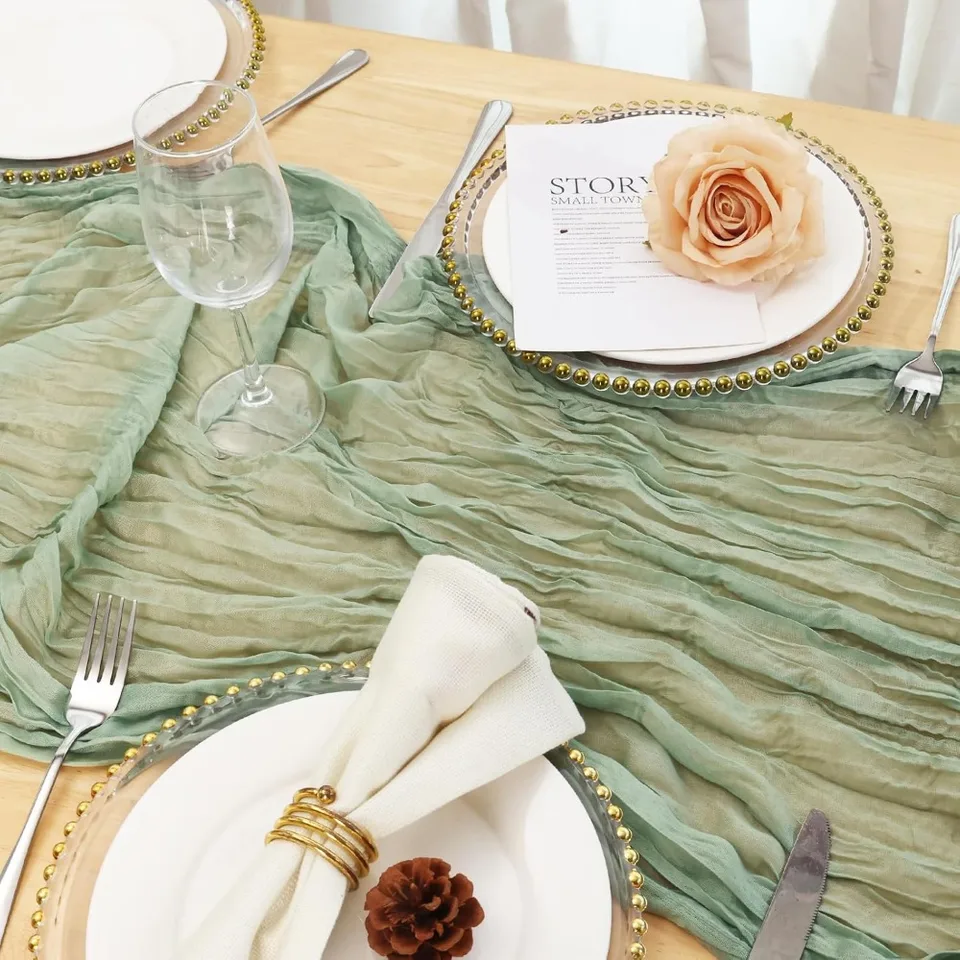 Sage Green Pleated Cheesecloth Table Runners Set