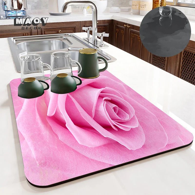 Red Rose Drain Pad Dish Drying Mat for Coffee Machine Tableware Dinnerware  Super Absorbent Diatomic Luxury Living Room Decor - AliExpress